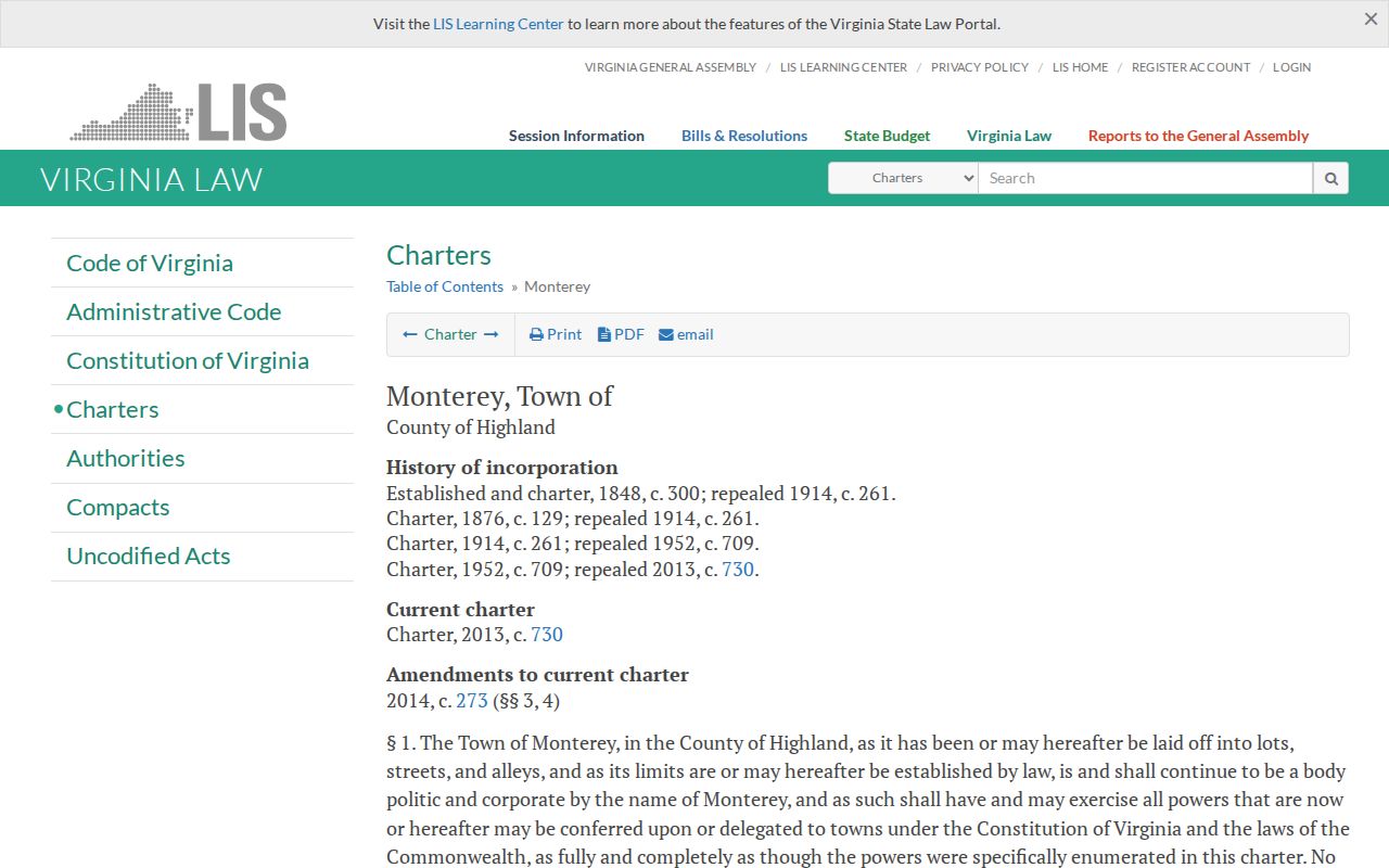 Monterey criminal records context from the official Virginia town charter